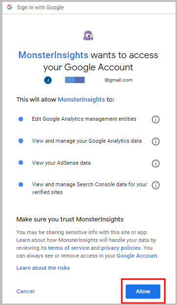 授予MonsterInsights权限访问谷歌分析帐户