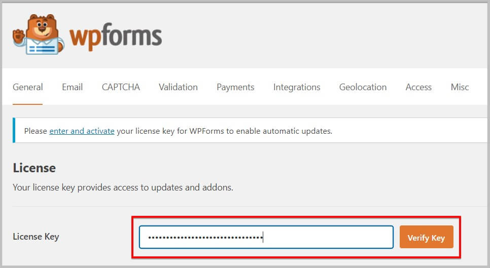 添加WPForms许可证密钥