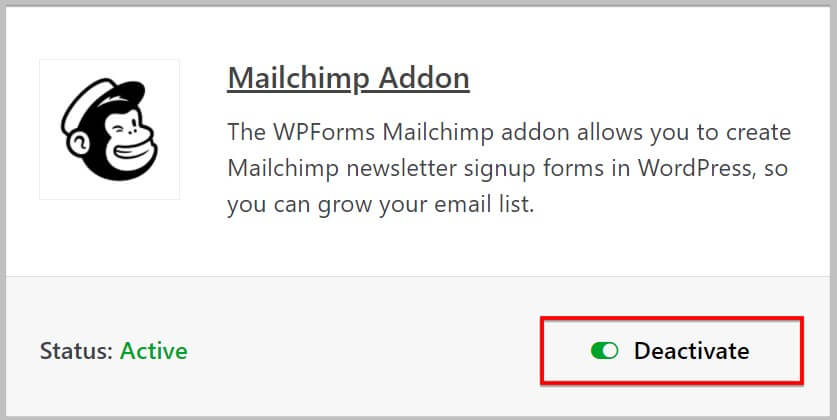 禁用WPForms MailChimp插件