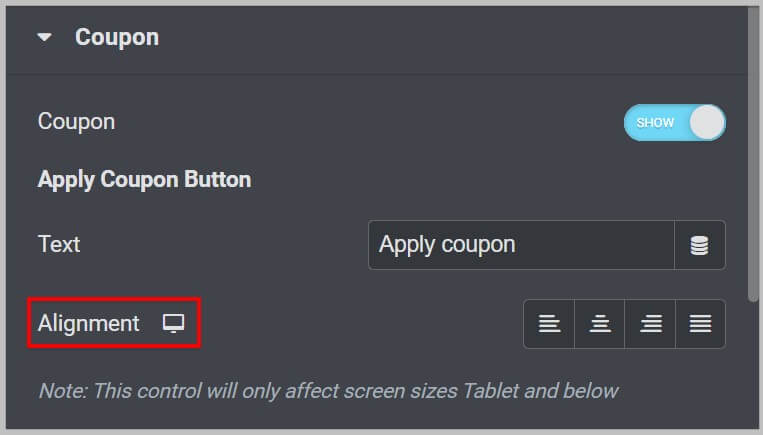 在Elementor Pro 3.7中的购物车小部件中的优惠券代码按钮的对齐选项