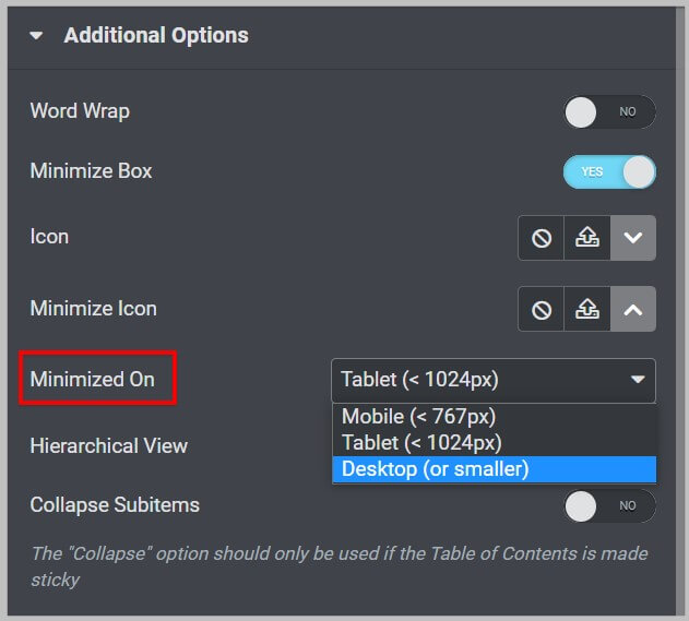 最小化Elementor Pro 3.7中的桌面内容表选项