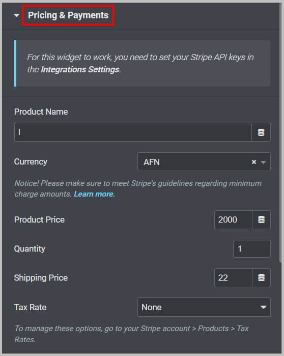 定价和支付设置在新的条纹按钮在Elementor Pro 3.7