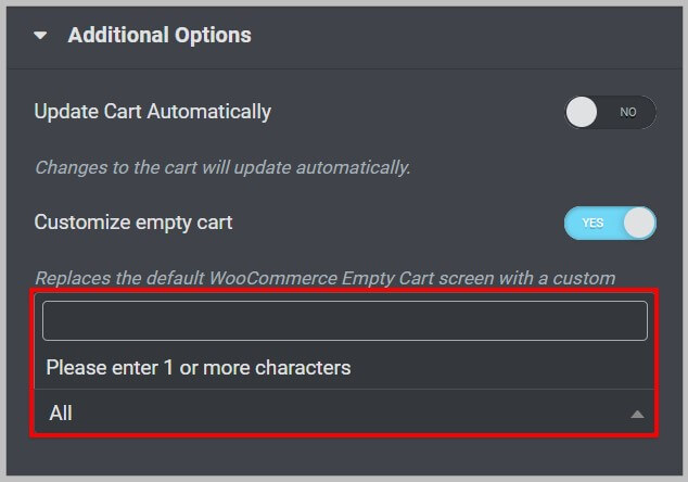 在Elementor Pro 3.7中的购物车小部件中的自定义空购物车选项中选择模板
