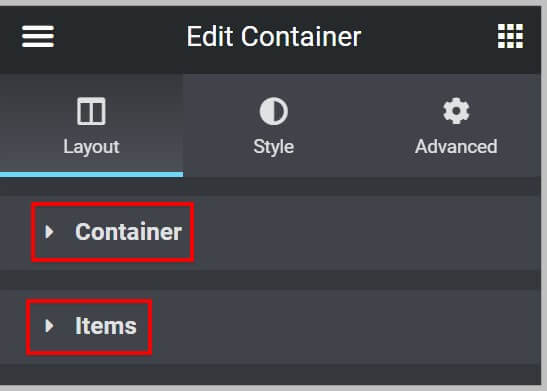 在Elementor 3.7之前的Flexbox Container中的容器和项目选项卡