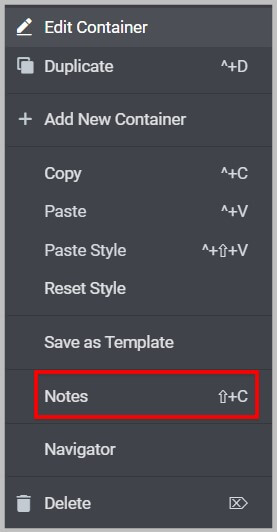 在Elementor Pro 3.8右键单击上下文菜单中的注释选项