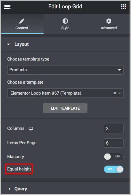 Equal Height option in Loop Grid widget in Elementor Pro 3.9