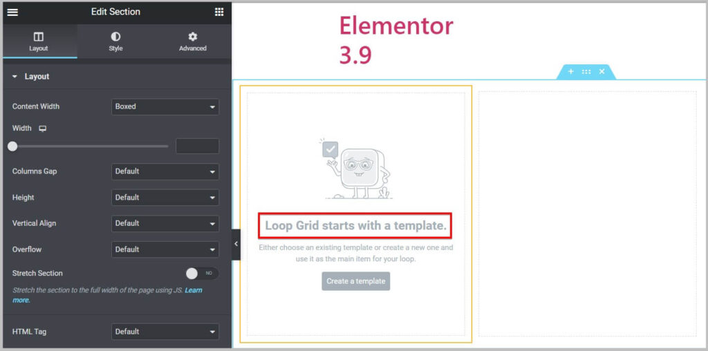 Loop Builder works with sections and columns in Elementor Pro 3.9
