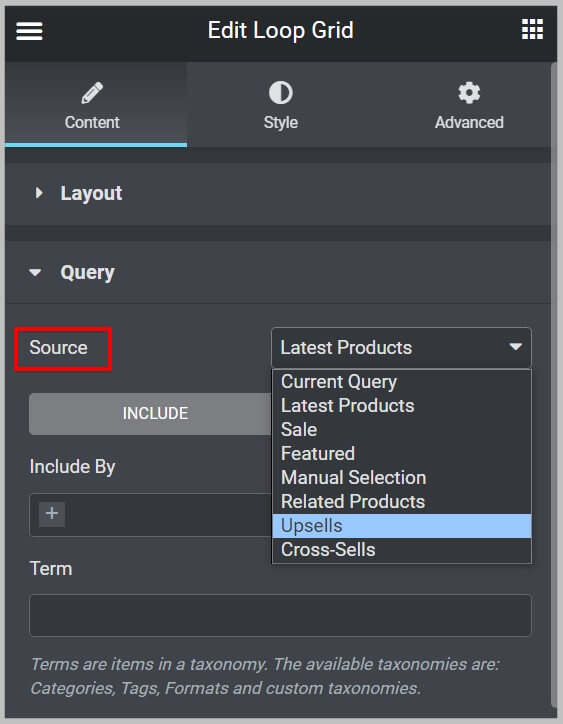 Product Source drop down in Loop Builder Elementor Pro 3.9