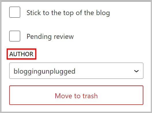 全宽度作者选择下拉和移动到垃圾按钮在WordPress 6.1