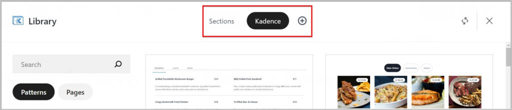 section选项卡在Kadence设计库中可见